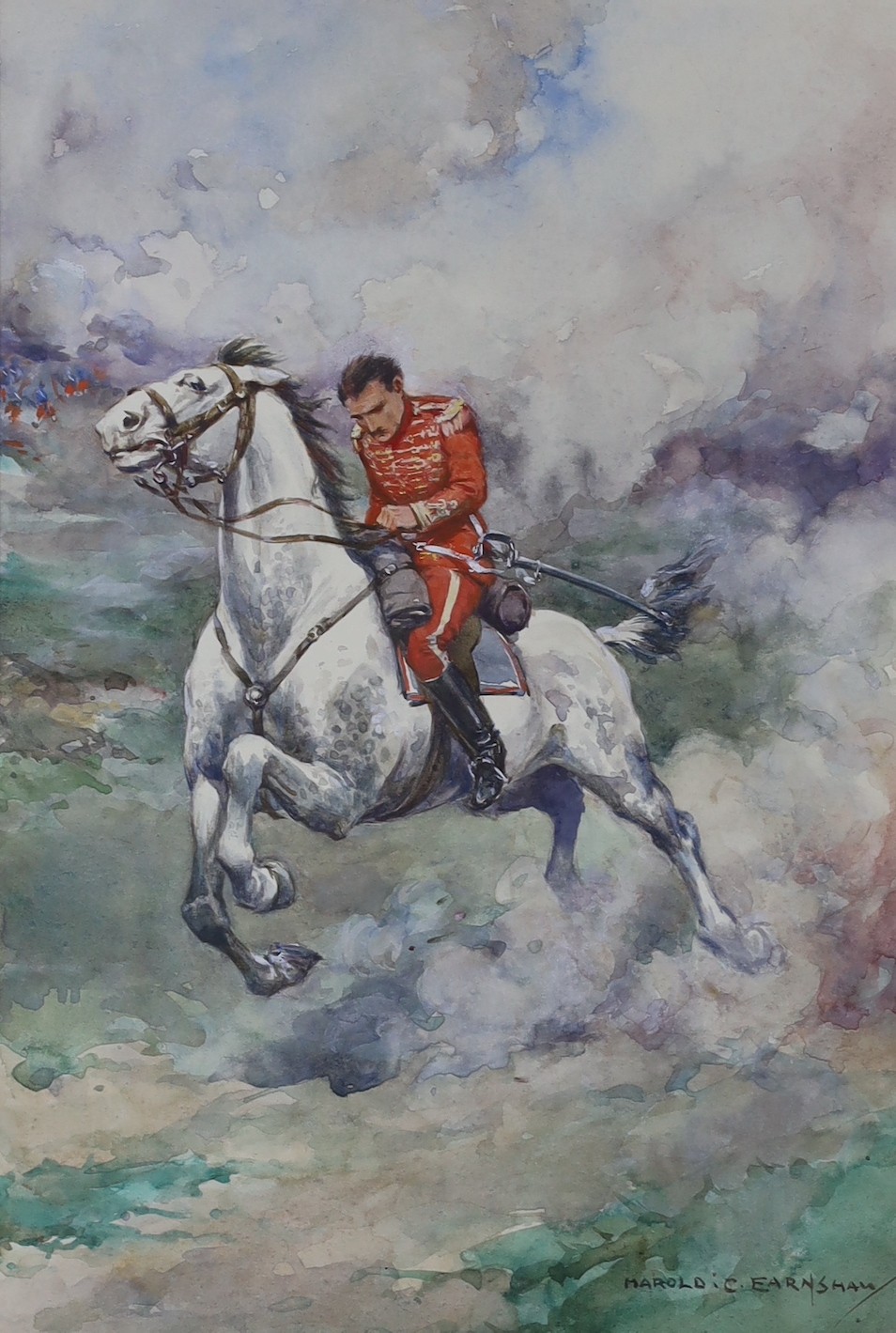 Original Artwork - Harold C. Earnshaw (1886-1937) - A full set of six coloured illustrations for The Red Hussar, by Reginald Horsley, signed, 25 x 19cms., framed, together with a copy of the book, 1912 (7)